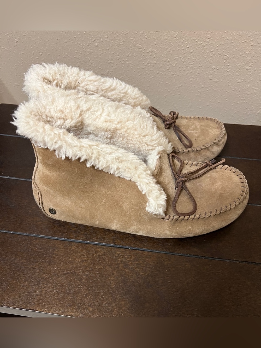 UGG Chestnut/Tan Suede Moccasin Slippers with Cream Shearling - Picture 2 of 7